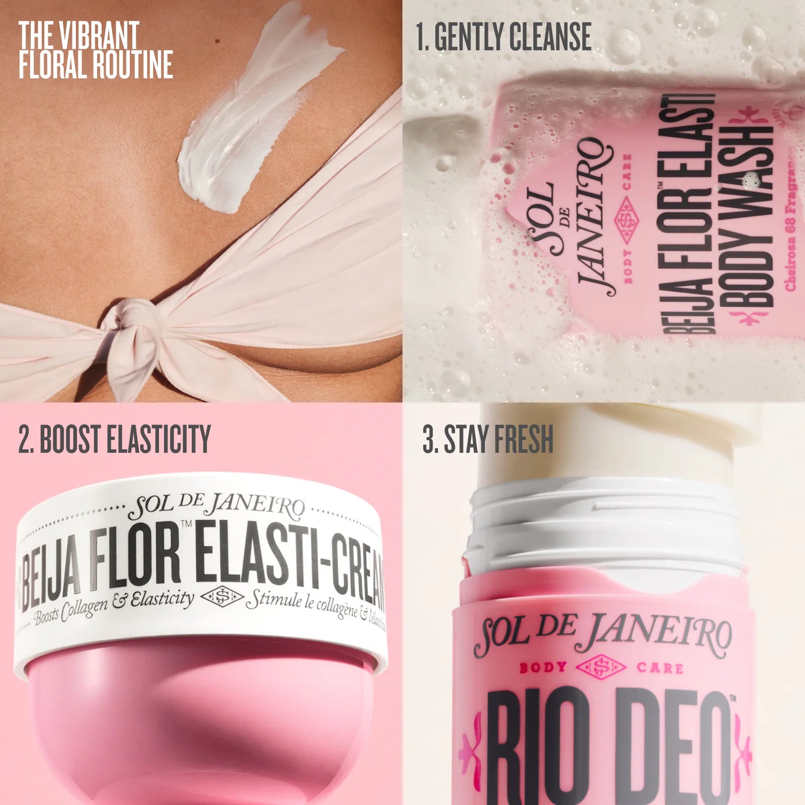 Cosmetic products with branding and steps for a skincare routine.