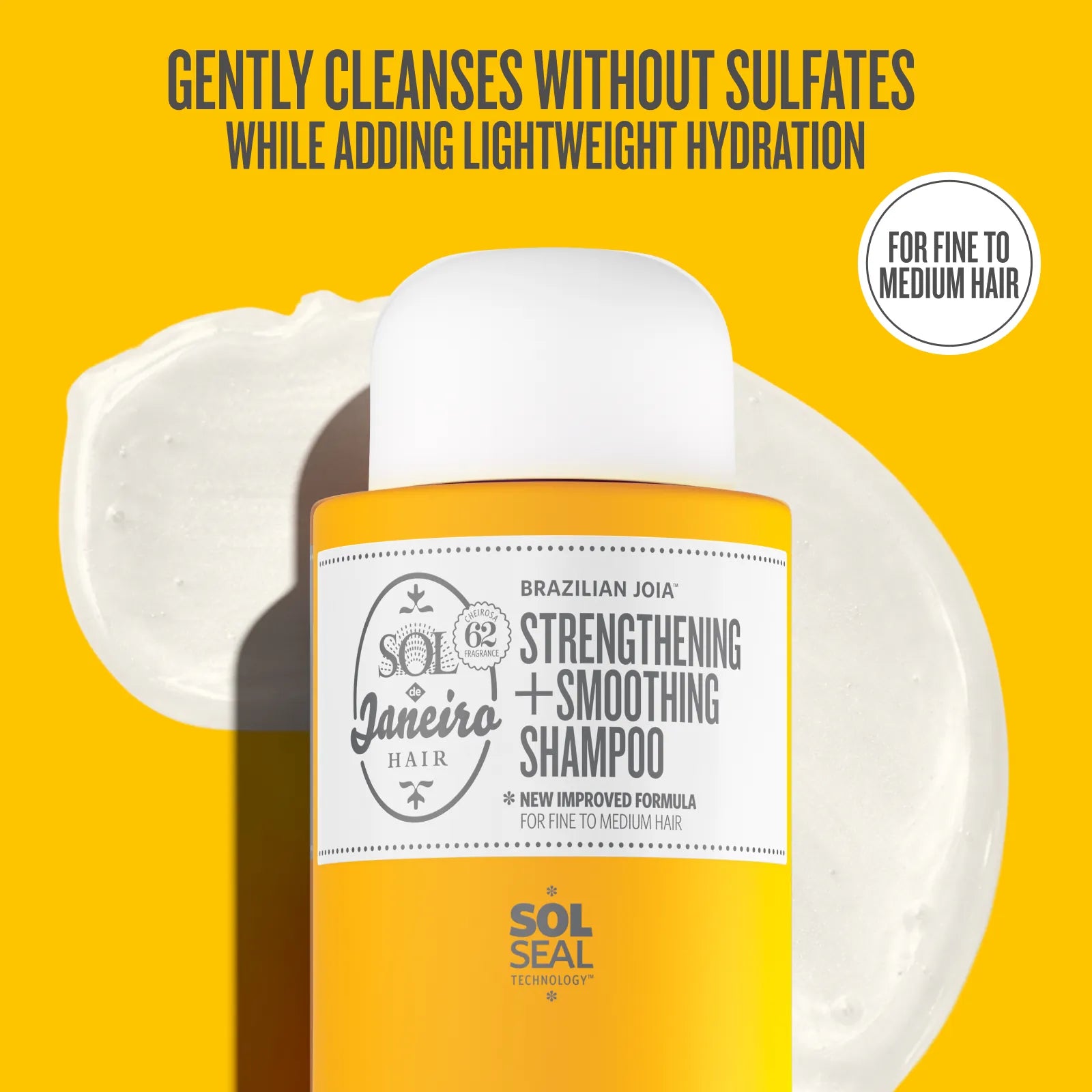 Shampoo bottle with Sol de Janeiro label on a yellow background