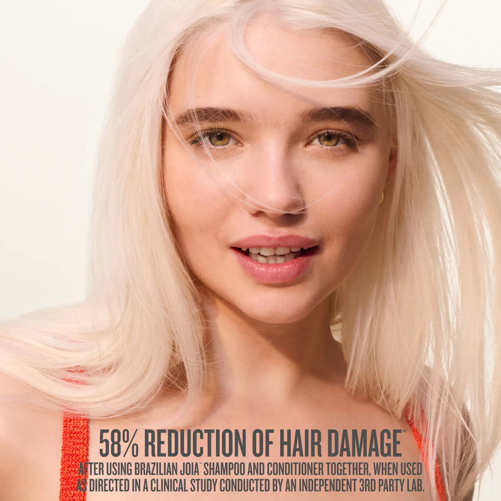 Woman with blonde hair against a white background with text about hair damage reduction.