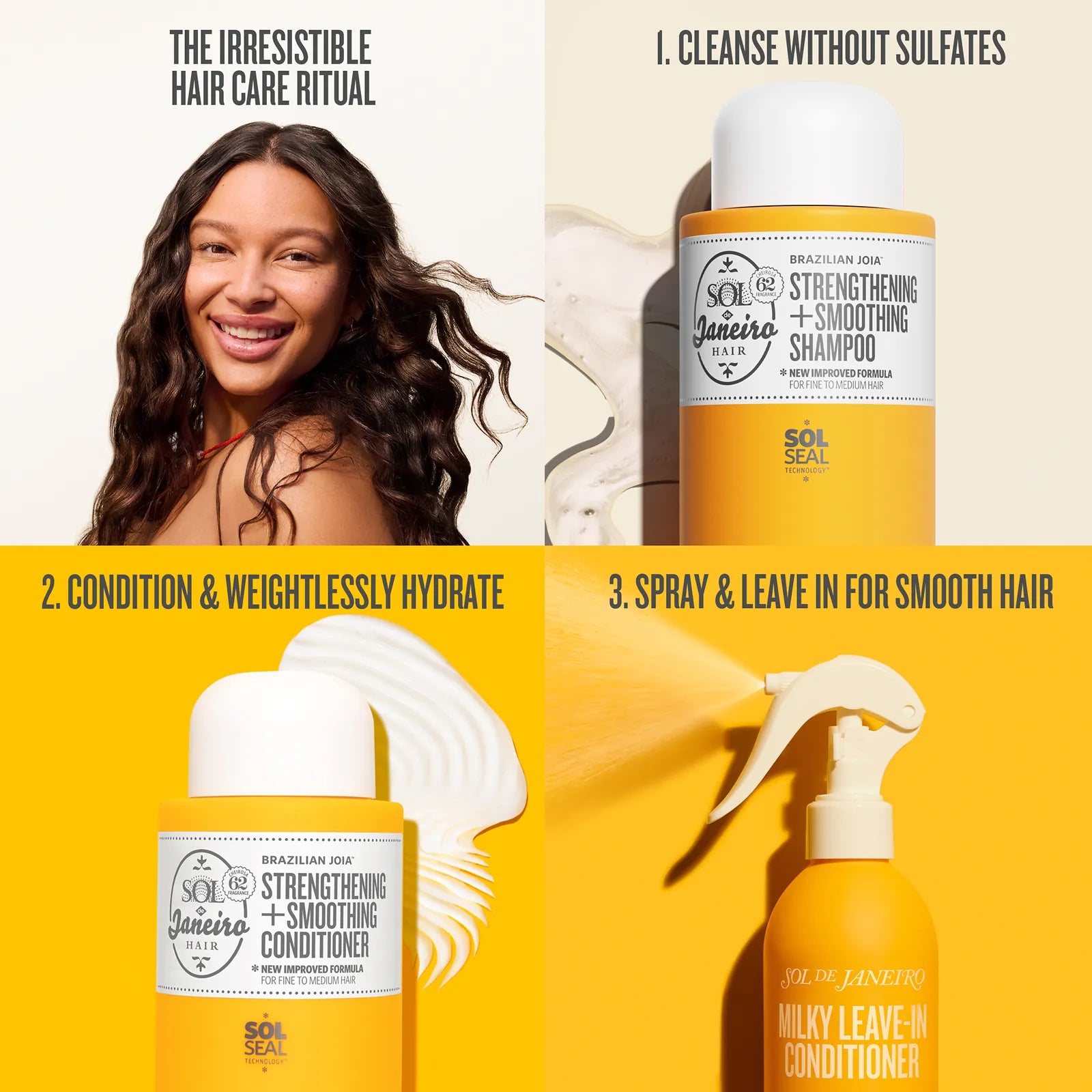 Hair care product set with a woman and hair products on a yellow background