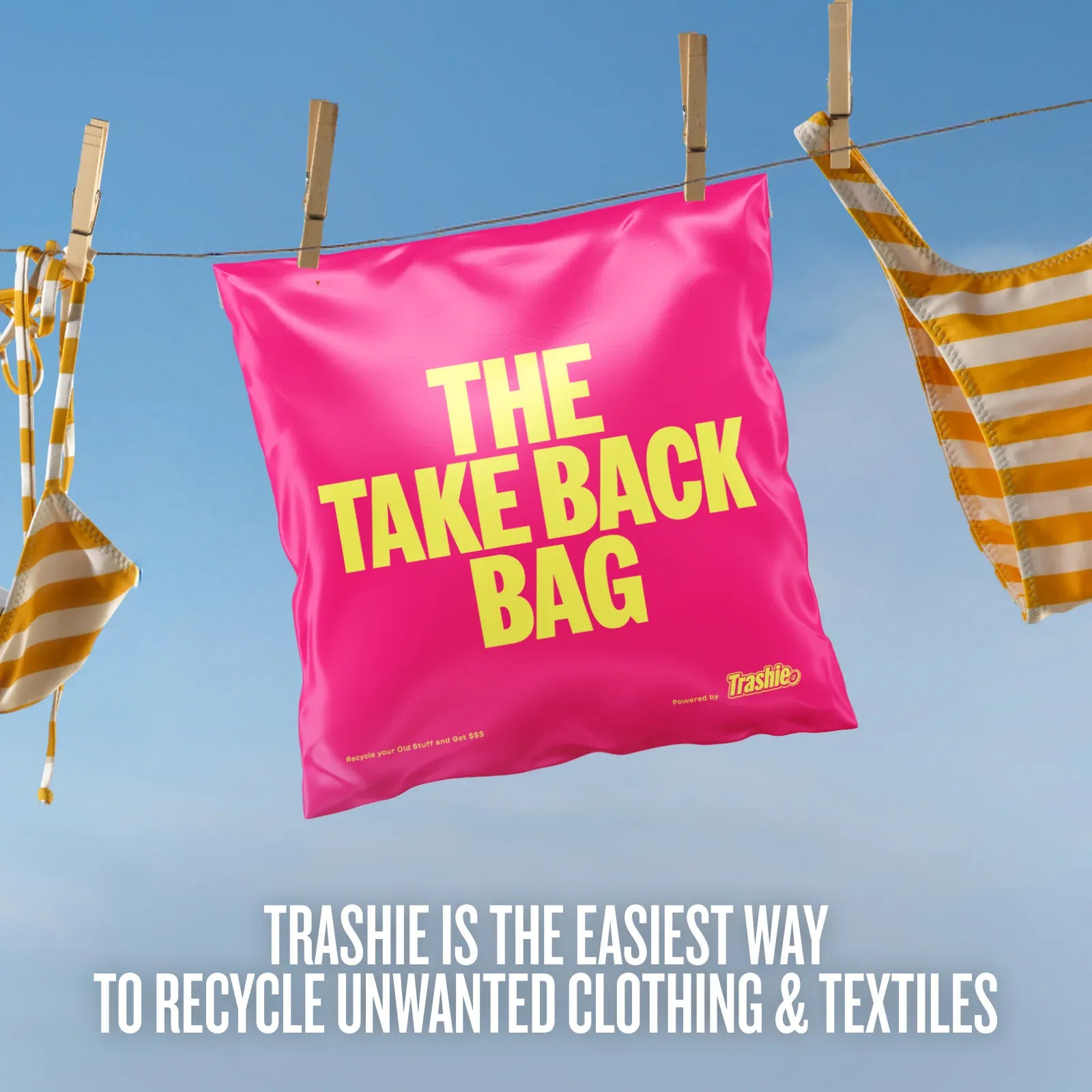 Pink 'The Take Back Bag' with yellow text hanging on a clothesline against a blue sky.