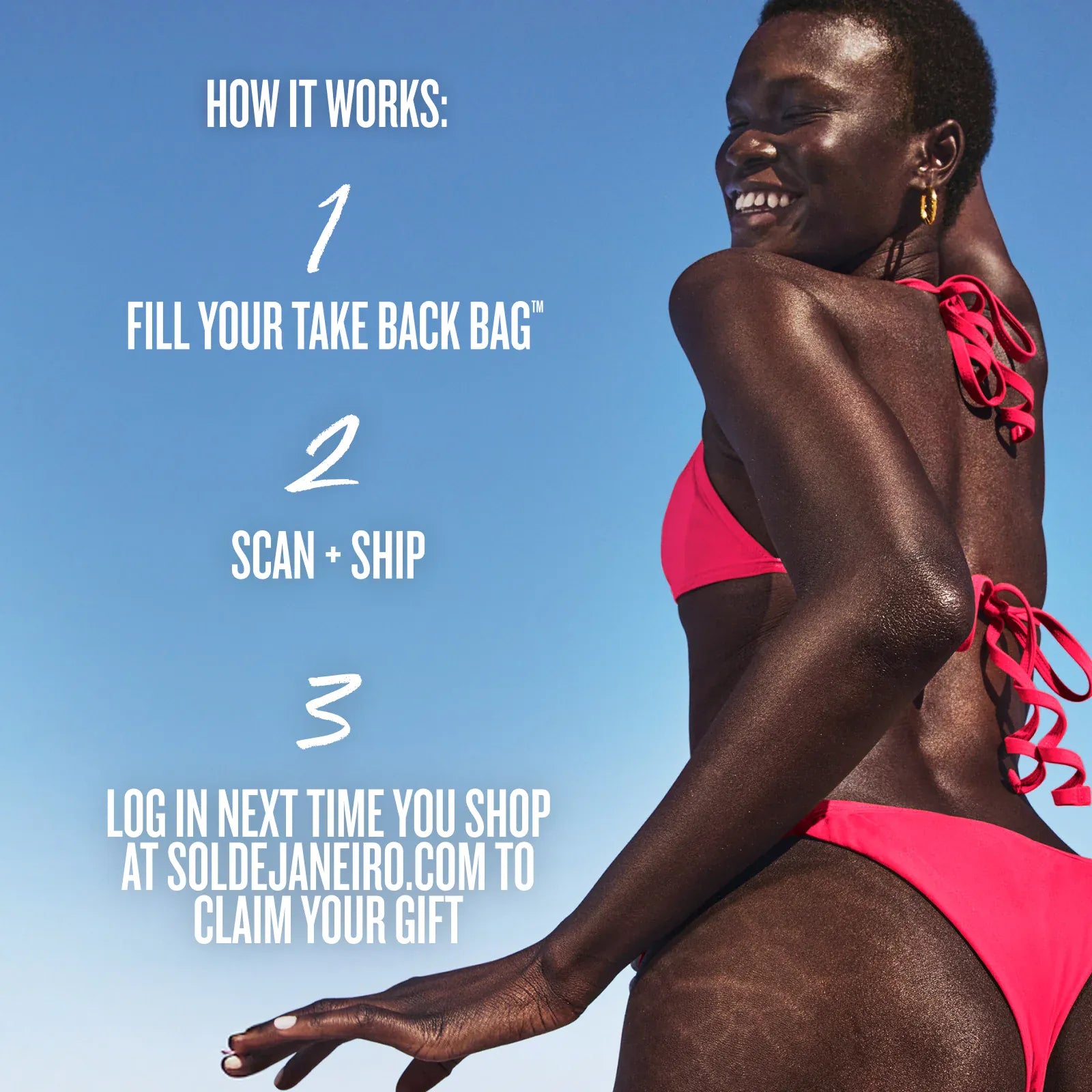 Woman in pink bikini against a blue sky with promotional text about a 'take back bag' program.