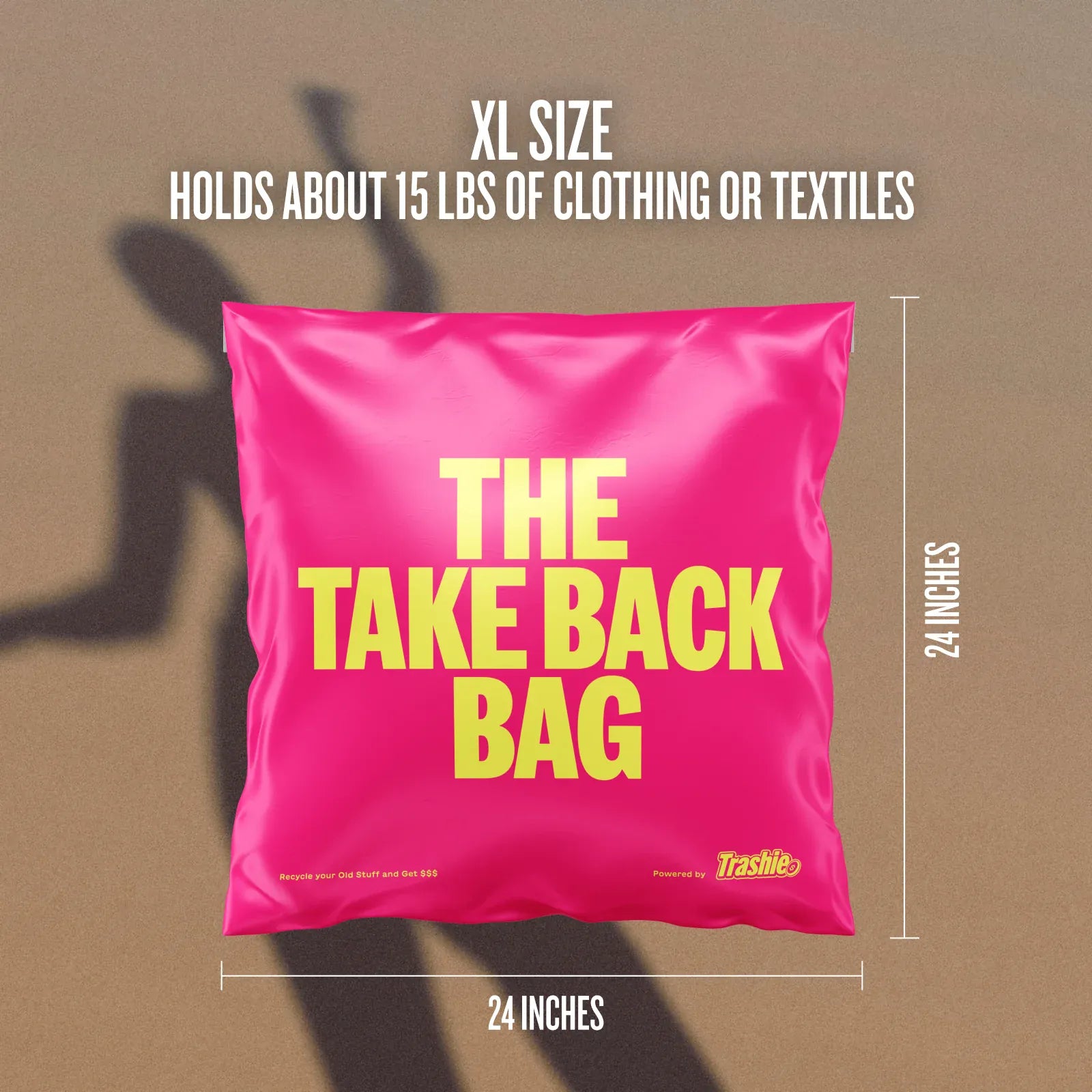 Pink 'The Take Back Bag' with yellow text on a brown background