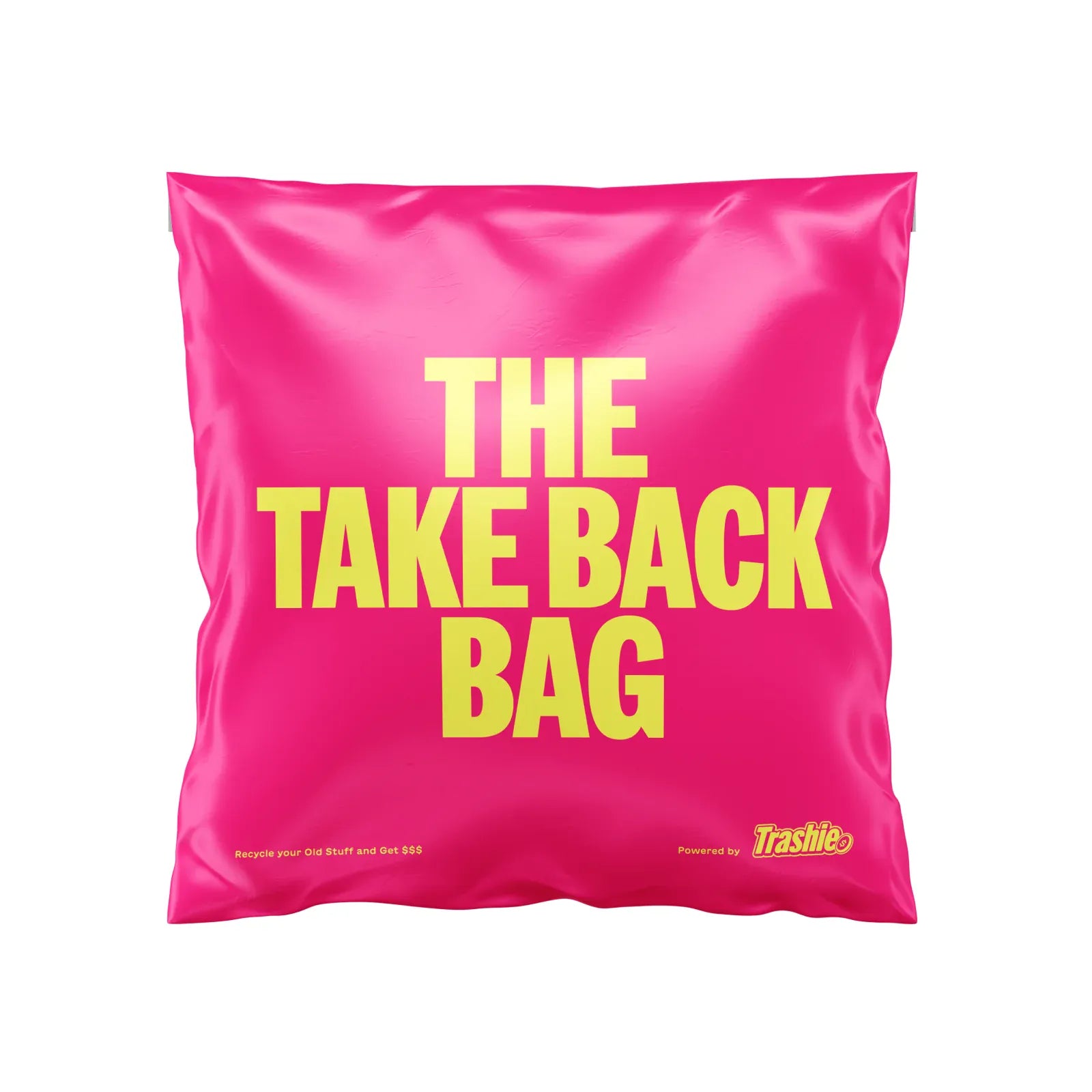 Pink bag with yellow text 'THE TAKE BACK BAG' on a white background