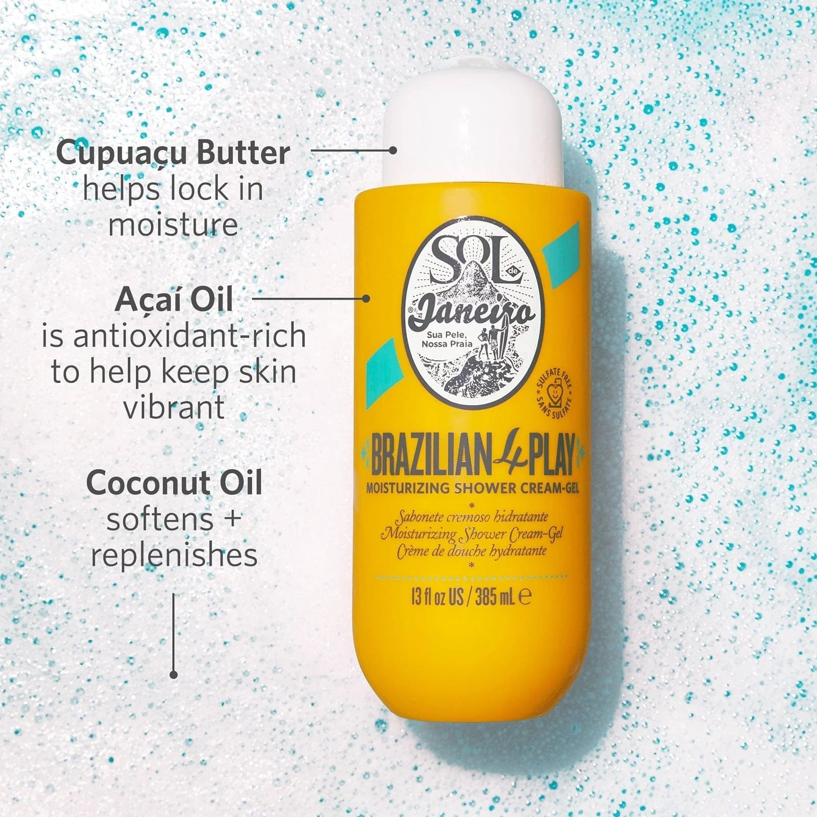 Cupuacu butter helps lock in moisture, acai oil is antioxidant-rich to help keep skin vibrant, coconut oil softens + replenishes