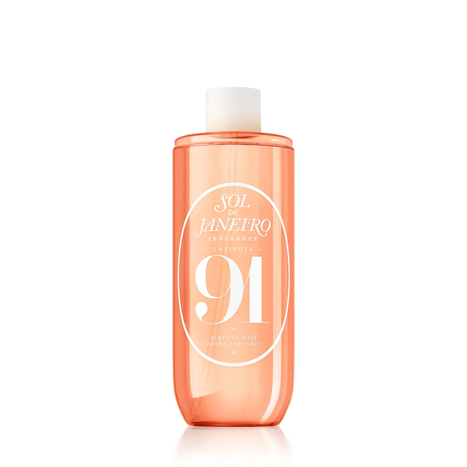 Peach-colored bottle with white cap on a white background. 240ml refill render