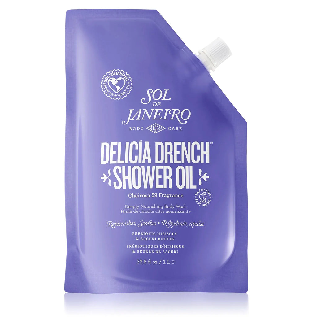 Purple Sol de Janeiro Delicia Drench Shower Oil packaging on a white background 1 liter refill size