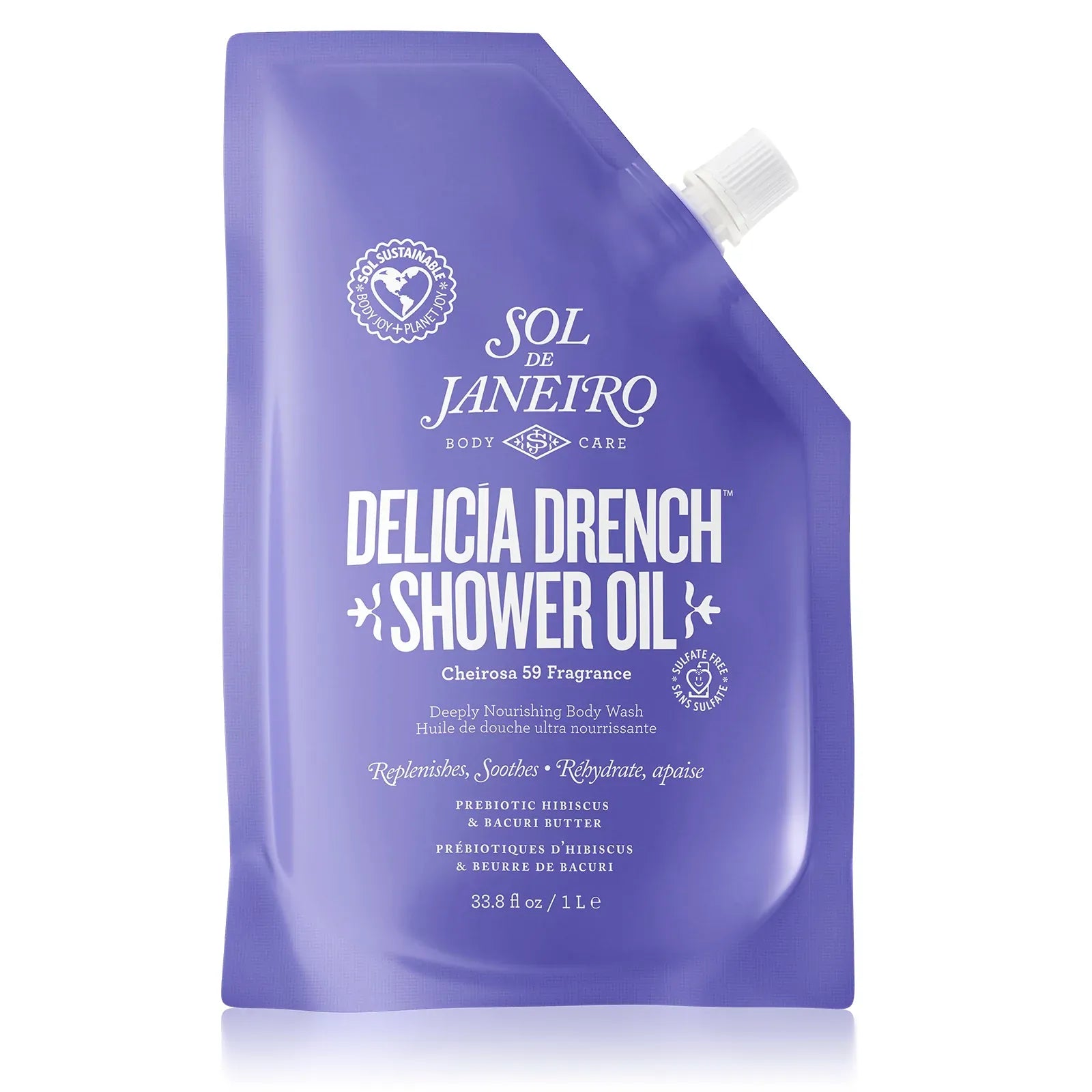 Purple Sol de Janeiro Delicia Drench Shower Oil packaging on a white background 1 liter refill size
