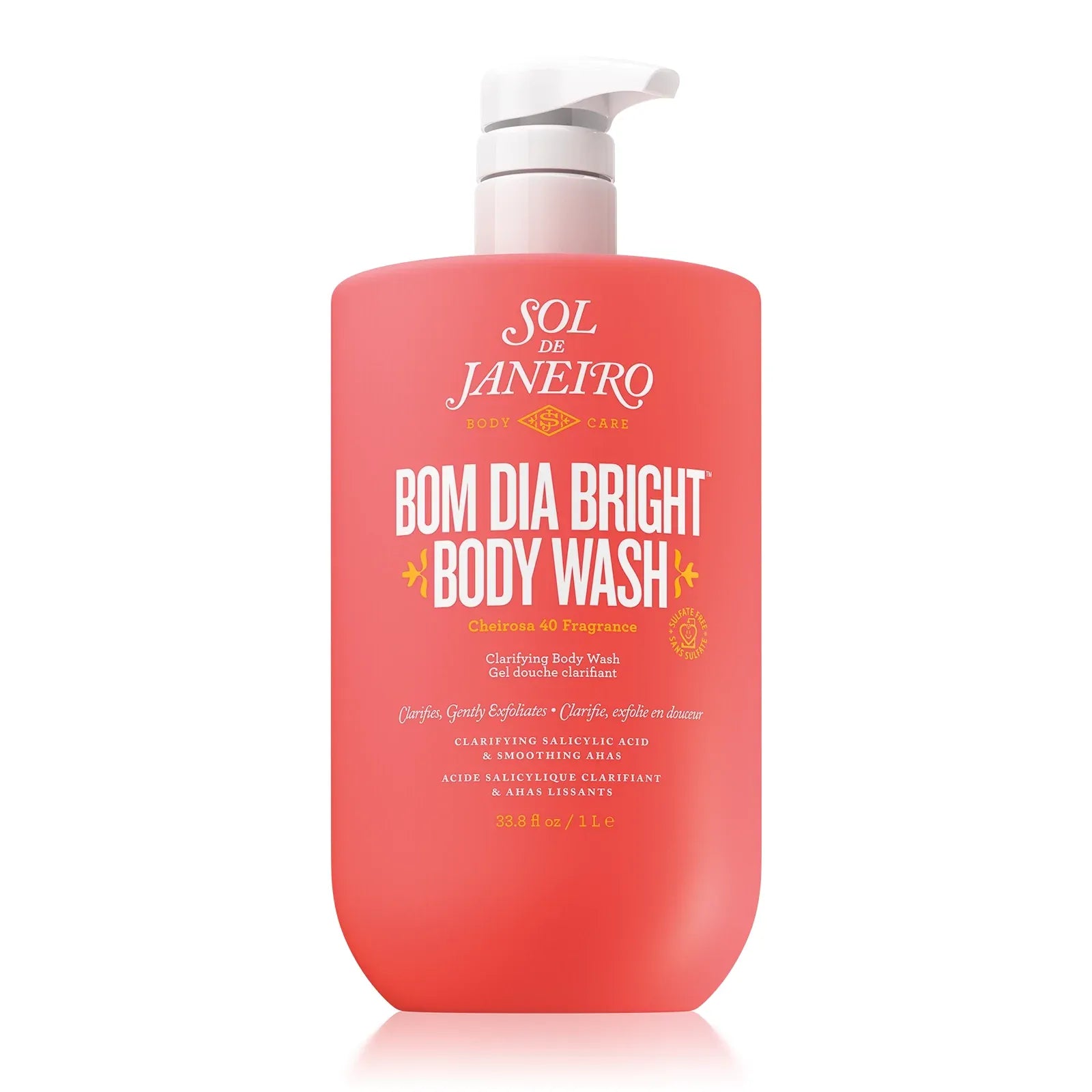 Pink bottle of Sol de Janeiro Bom Dia Bright Body Wash on a white background 1 liter size